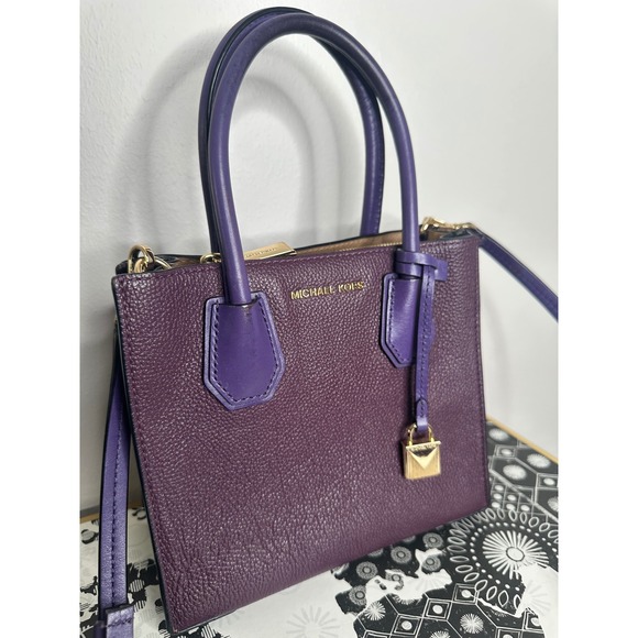 Michael Kors Purple Leather Satchel Bag Gold Lock Adjustable Strap‎ Top Handle - Picture 2 of 8